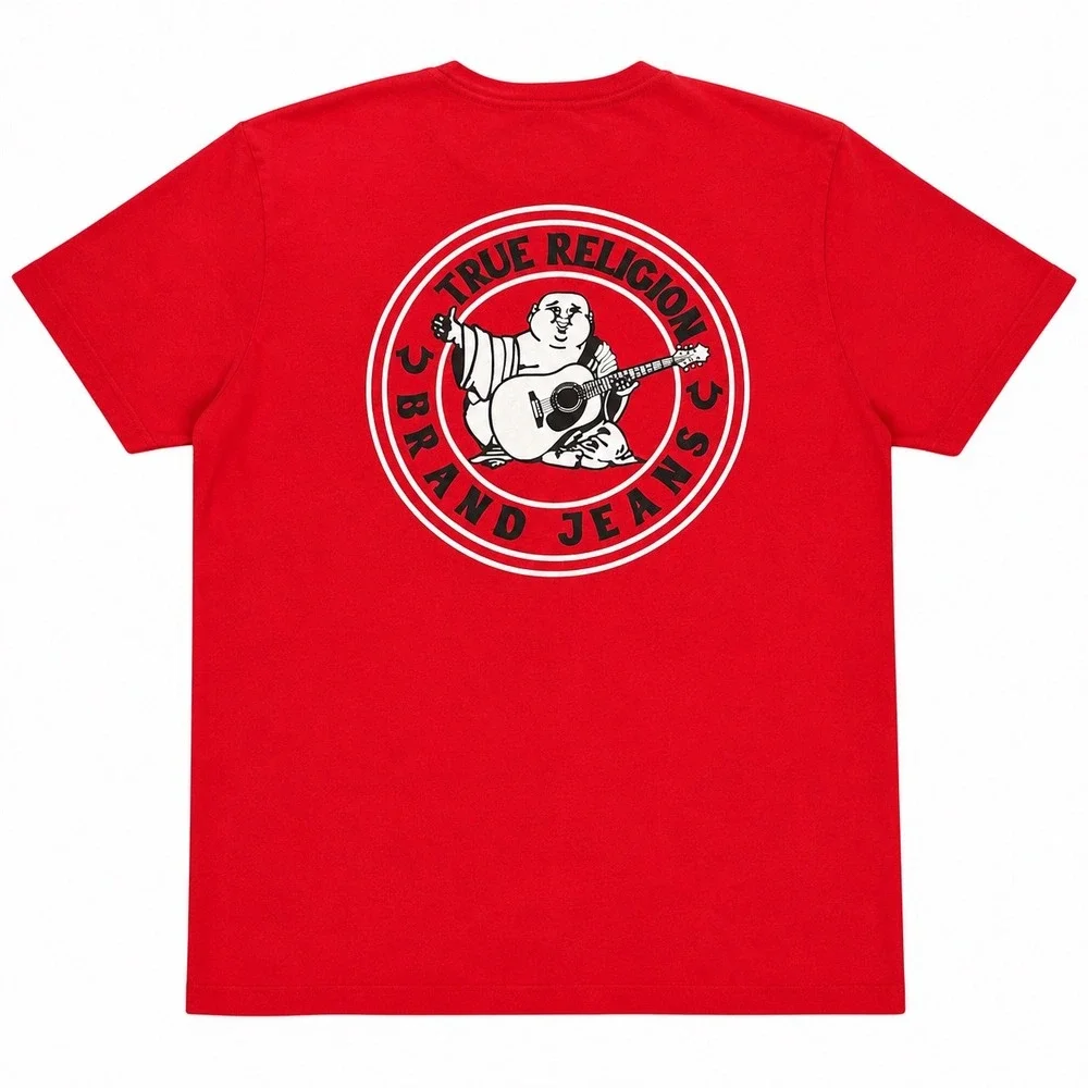 True Religion Tee Mens 2XL Red Buddha Logo Graphic‎ Back Print Shirt